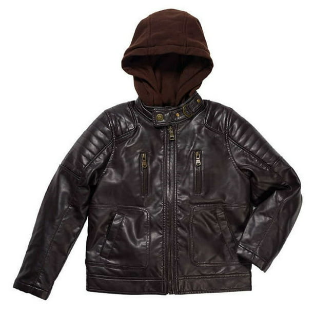 Small / 7-8 Urban Republic Boys Moto Leather Jacket with Hood Dark Brown 